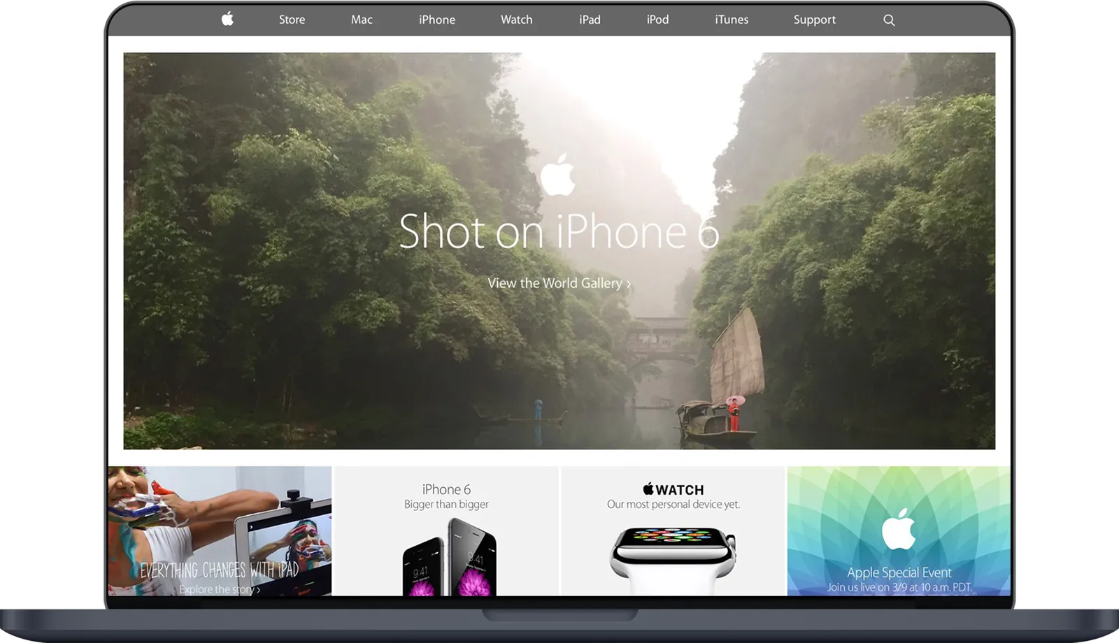 The Shot on iPhone 6 hero on apple.com, shown on a MacBook