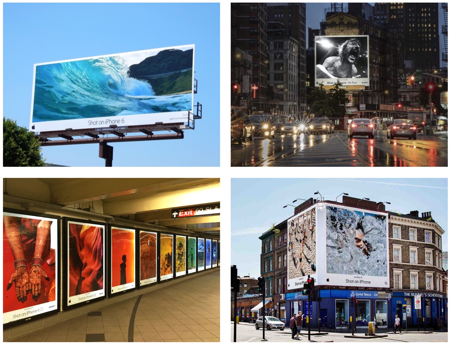 Shot on iPhone 6 out-of-home — billboards, transit posters and a building mural across cities