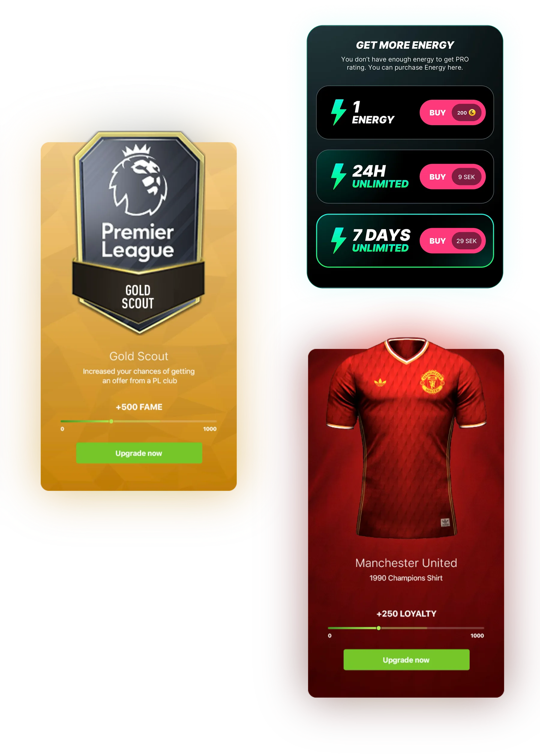 In-app economy and partnerships — currency, energy, awards and club kits