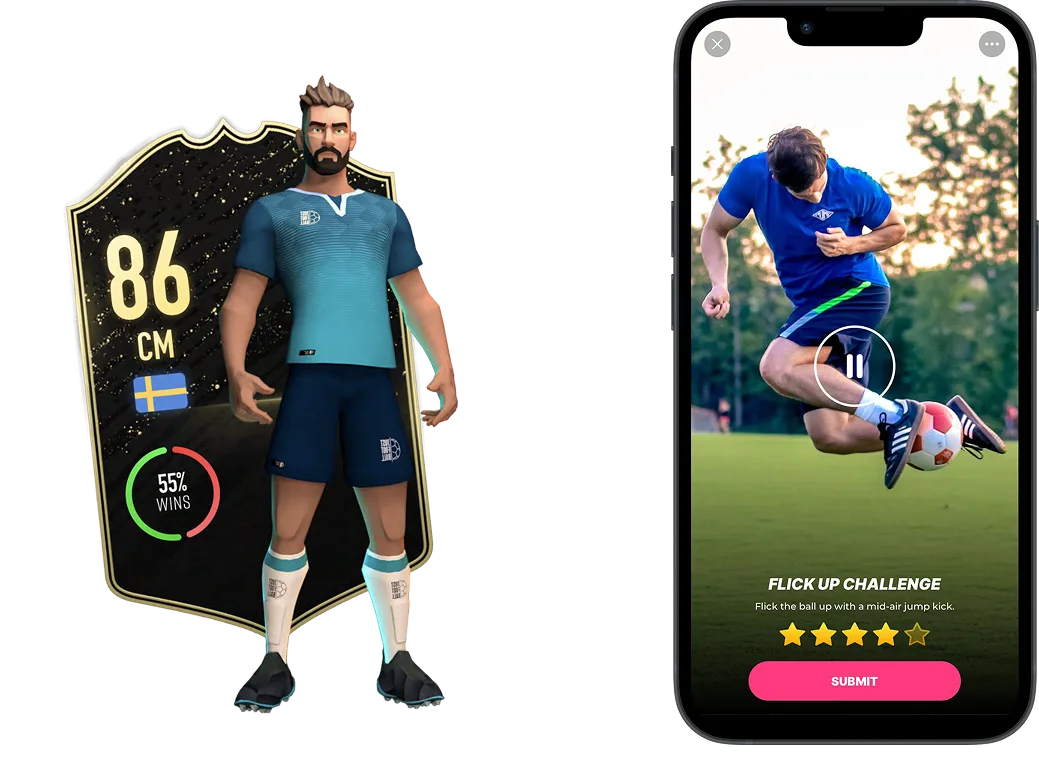 A gamified player rating card alongside a real player captured in the app