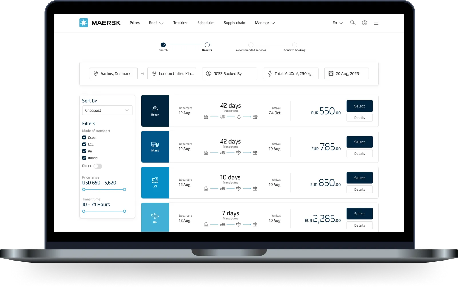 The North Star prototype: ocean, inland, LCL and air compared in a single booking results view with mode filters and sorting